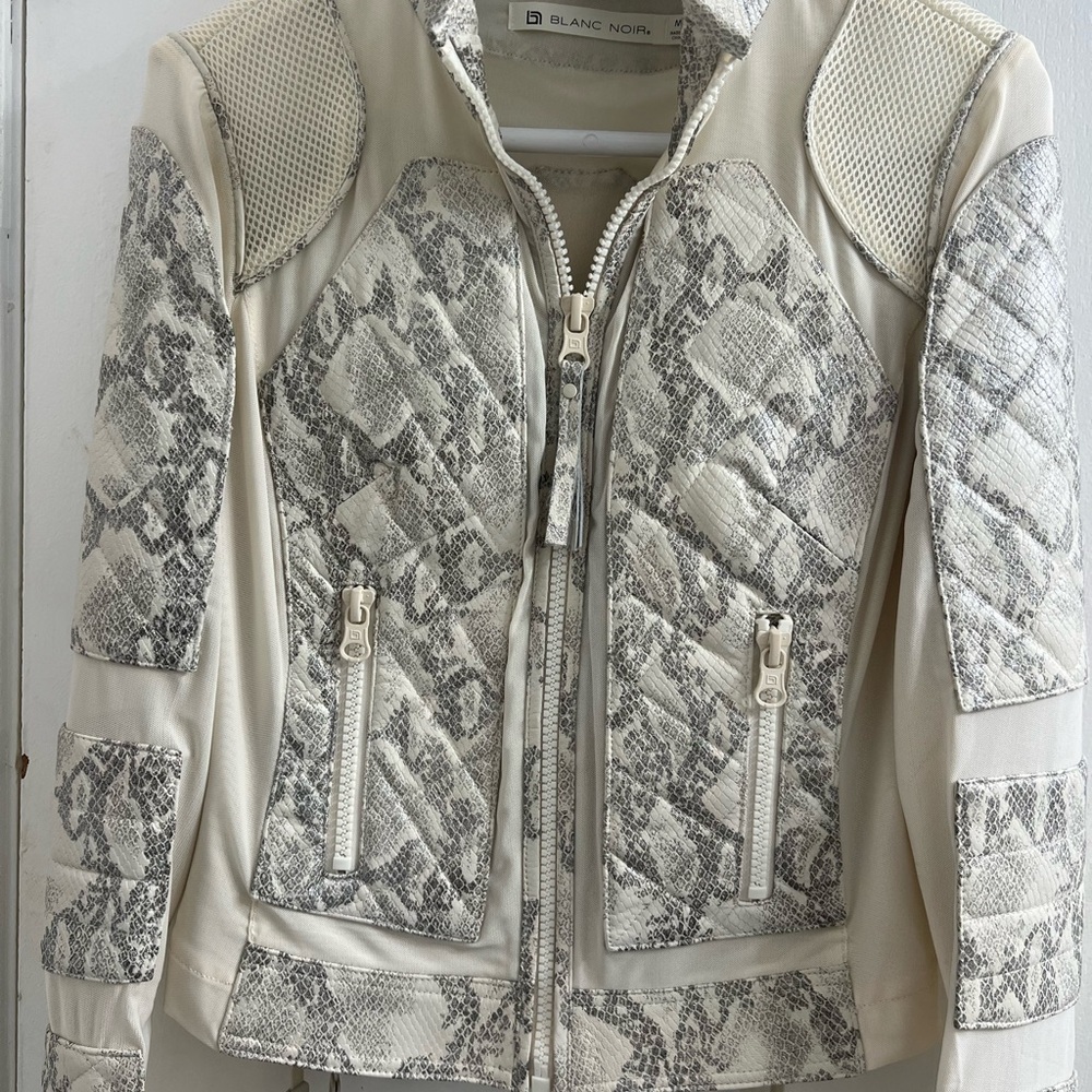 blanc noir Cream & Gray Python-Print Leather Moto… - image 1